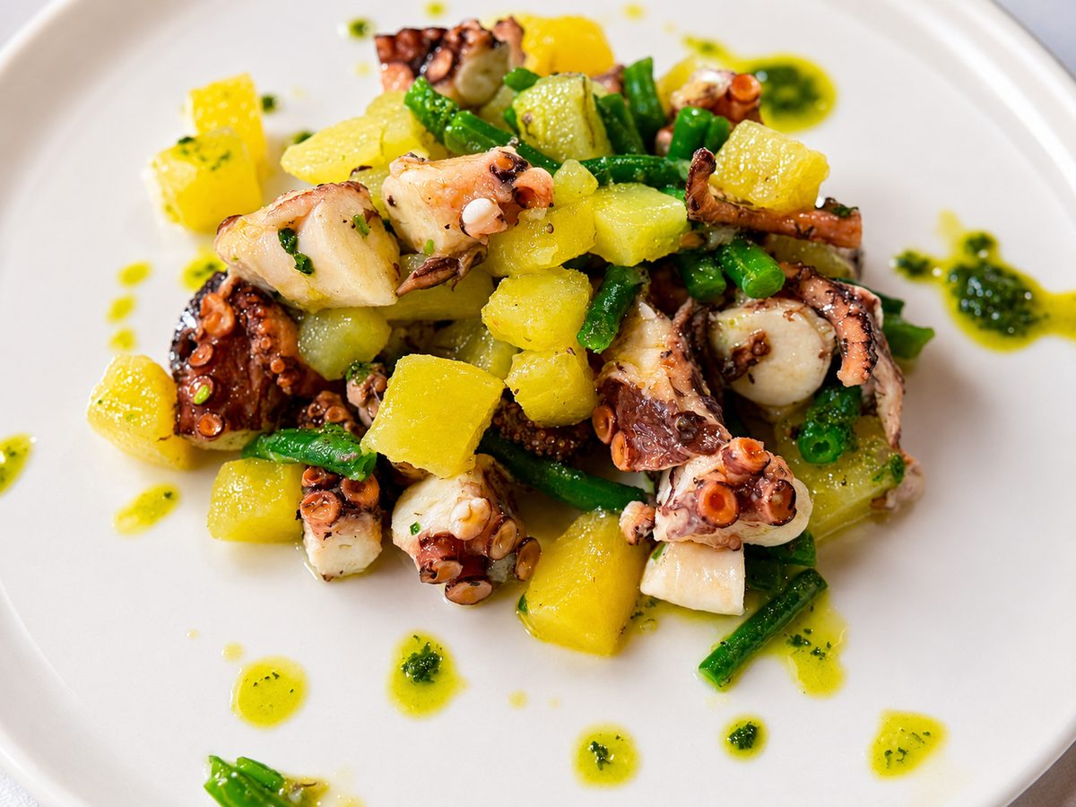 Insalata di polpo con patate, fagiolini e olio al prezzemolo